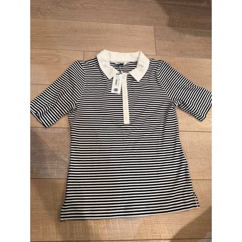 Spanx Womens Striped Rib Polo Top M Black/White Short Sleeve 90% Rayon 10% Elast